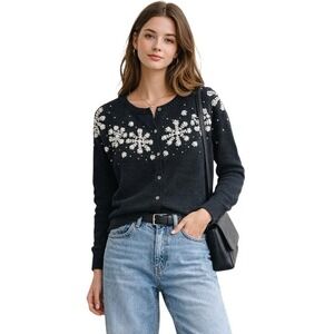 Eddie‎ Bauer Collectables Snowflake Embroidered Cardigan Black L